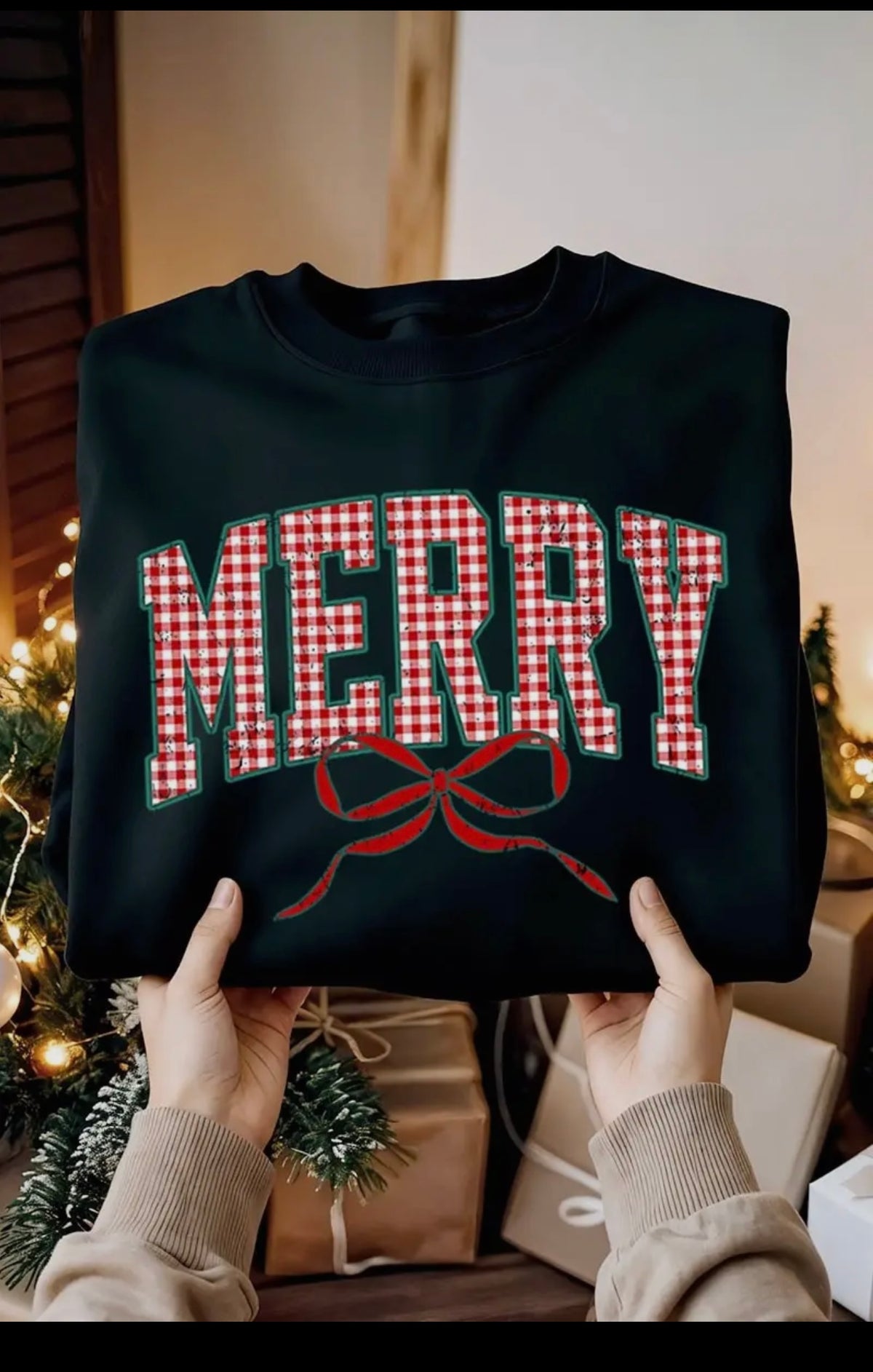 Graphic Gingham Merry Bow Sweatshirt